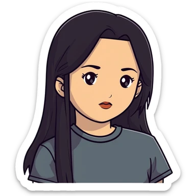 white girl, black long straight hair, brown eyes, dark eyebrows, small lips, black t-shirt sticker