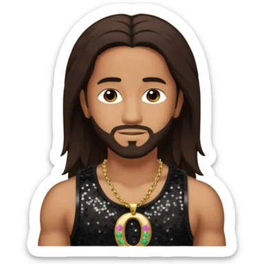 Omarion with long dark brown hair, dark brown sequin tank top, necklace with letter o sticker