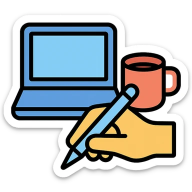 Minimalist flat icon style of a MacBook, coffee mug, and a hand writing, with soft colors and simple shapes. sticker