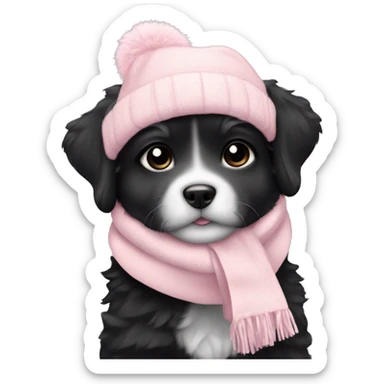 fluffy chubby black puppy with pale pink winter hat pale pink scarf sticker