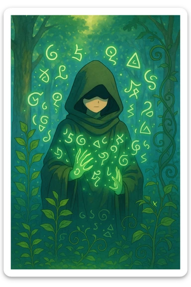 Add glowing magical runes floating around the hooded figure's hands in the ghibli style. sticker