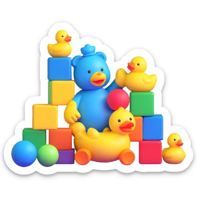 bright playful toys scattered - blue teddy bear, yellow rubber duck, colorful building blocks, rainbow ball, cartoon action figure sticker