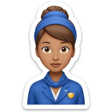 Light Brown skin flight attendant, brown hair in a bun, blue uniform, blue neck scarf sticker