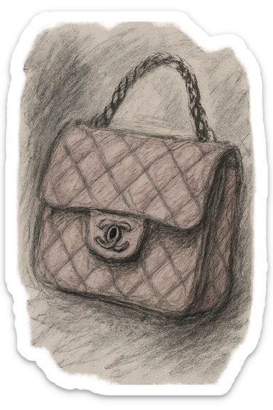 a pink Chanel purse, hand-drawn pencil lines, artistic sticker