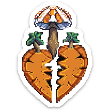 heart split in half with a mushroom motif on one side and a pumpkin motif on the other, pixel art style sticker