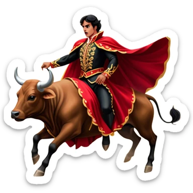 ​Cinematic Realistic Spanish Matador in Action, depicted in an ornate traje de luces with a flowing red cape, captured in the dramatic moment of confronting a charging bull in a traditional bullring, rendered with dynamic motion and dramatic lighting that encapsulates the intensity and artistry of the spectacle, sticker