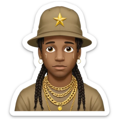 Travis Scott with gold chain necklace, wearing hat, dreadlock hair  sticker