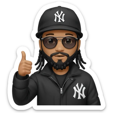 African American man with shoulder length black dreadlocks with black beard wearing  dark black sunglasses with a black bubble winter coat wearing a New York Yankees baseball cap giving the thumbs up sticker