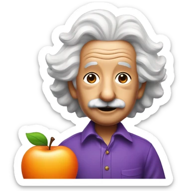 Albert Einstein with purple hat and orange blouse, apple memoji style sticker