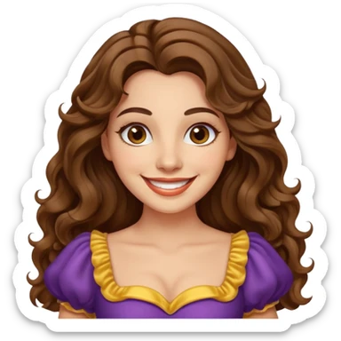 30 yr old italian woman, long brown wavy hair, big brown eyes, huge smile, fancy dress, no bangs,  sticker