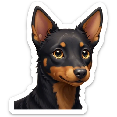 Cinematic Cute Black and Tan Kelpie Portrait Emoji, Head tilted playfully and inquisitively, featuring a sleek black Fur with vibrant tan markings, round, sparkling dark eyes filled with curiosity, Simplified yet irresistibly adorable features, highly detailed, glowing with a warm, friendly glow, high shine, affectionate and spirited, stylized with a touch of whimsy, bright and endearing, soft glowing outline, capturing the essence of a mischievous yet loving herder, so playful it feels like it could leap out of the screen and into your arms! sticker
