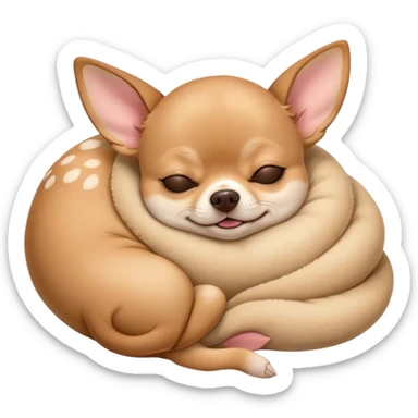 Cinematic Meme-Worthy Chubby Sleeping Fawn Chihuahua Portrait Emoji, Head resting peacefully with a contented smile, showcasing a delightfully chubby build and a luxuriously soft fawn coat, eyes shut in a serene nap, Simplified yet hilariously adorable features, highly detailed, glowing with a soft, drowsy light, high shine, relaxed and utterly lovable, stylized with an air of playful laziness, bright and heartwarming, soft glowing outline, capturing the essence of a comically sleepy Fawn Chihuahua, so meme-worthy it feels like it could instantly become the next viral sensation of adorable slumber! sticker