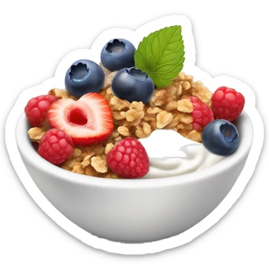 Bowl with yogurt granola blueberries strawberries raspberries and honey sticker