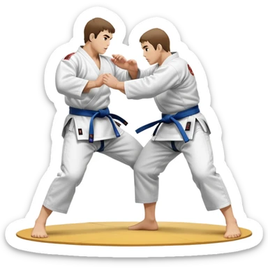 Two judo practitioners in traditional gi, one executing a powerful throw while the other is countering with a defensive move. The background features a judo mat and a focused dojo atmosphere. Transparent background highlights the precision and technique of judo. sticker