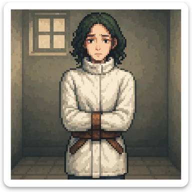 Add a simple room background to the woman in a straitjacket in pixel art style. Use the general style editor to emulate pixel art style with blocky pixels and limited color palette. sticker