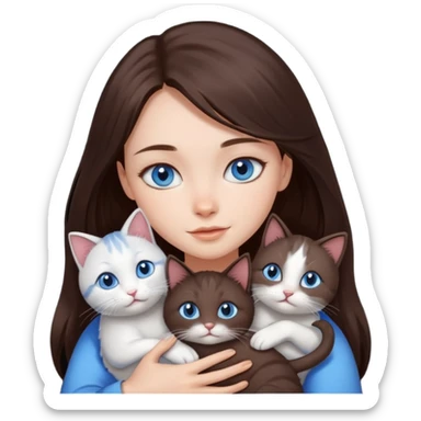 a pretty girl with long dark 
brown hair, with blue eyes, hugs 3 different natural coloured small cats sticker