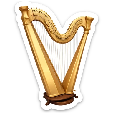 Cinematic Realistic Harp, a grand golden harp with intricately carved details, delicate strings shimmering under soft candlelight, rich wood tones adding warmth, a musician’s gentle fingers plucking a note, glowing with an ethereal and majestic aura. sticker