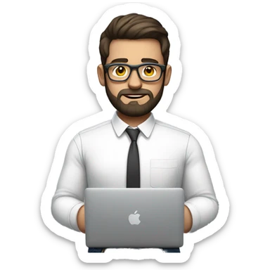 Emoji man with beard holding macbook in hands wearing transparent glasses and shirt, profession - graphic designer. Features: white skin, weight 100 kg, dark hair, age 21 years, earring in left ear sticker