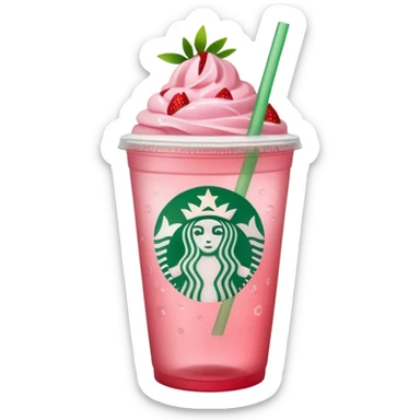 Starbucks cup filled with pastel pink beverage and floating strawberry slices, green straw sticker