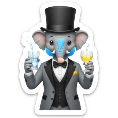 elephant wearing suit, bowtie and top hat, holding glass of water sticker