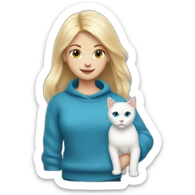 Blonde girl in blue sweater and with white cat sticker