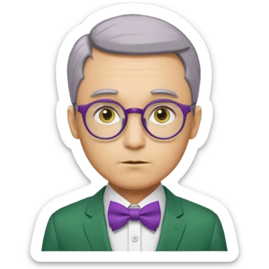yellow-skinned man with neatly parted brown-gray hair, thick rectangular eyebrows, large round eyes behind thin glasses, a pointed nose, and a green suit with a white collar and purple bow tie. sticker