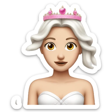White girl with long hair as a bride wearing pink crown and pink bow on top of a head sticker