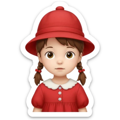 baby girl with brown hair and pigtails with a hat and red dress like My Neighbor Totoro movie sticker