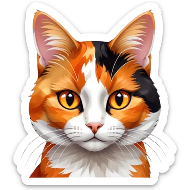 cinematic-noble-calico-cat-portrait-emoji,-poised-and-regal,-with-a-striking-patchwork-fur-in-vibrant-orange,-black,-and-white-hues premoninantly black,-delicate-whiskers-and-a-refined,-relaxed-gaze,-simplified-yet-exquisitely-detailed,-glowing sticker