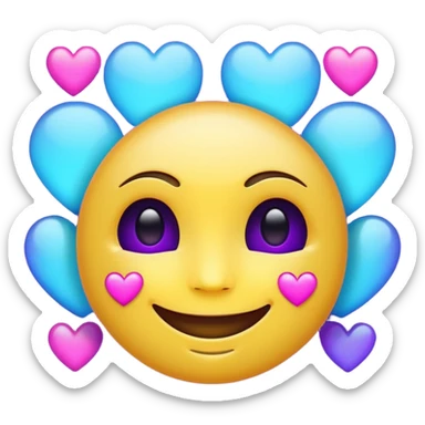 Futuristic glowing smiling face emoji with neon hearts instead of eyes, purple and blue holographic light, dark background sticker