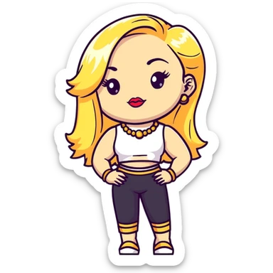Full body white teenage girl with blonde hair, heavy makeup, big lips, crop top, gold jewelry and flashy choni style outfit sticker