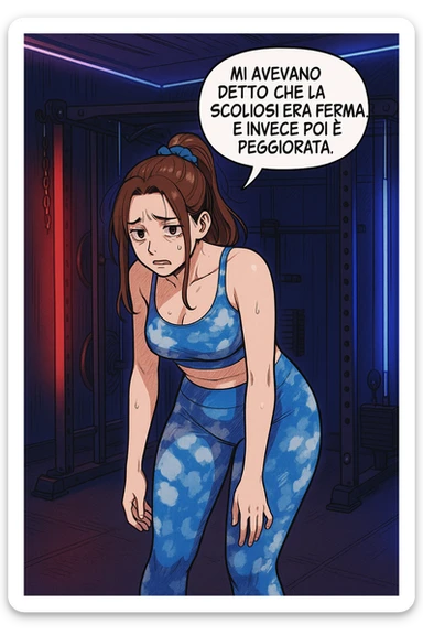 fai questa immagine in versione fumetto/manga/webtoon a colori, il manga mostra la donna disperata con un fumetto sulla testa che dice:
Mi avevano detto che la scoliosi era ferma… e invece poi è peggiorata.
 sticker