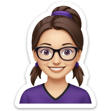 nữ 40 tuổi, da trắng, tóc dài được buộc gọn gàng màu nâu, mặt cười tươi vui vẻ, đeo kính màu đen, áo tím đậm sticker