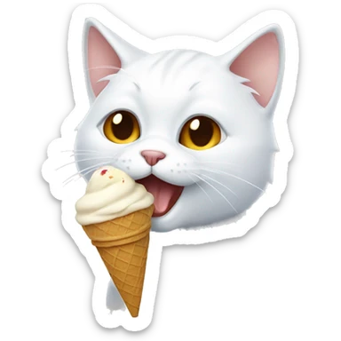 A white cat with brown patches eating an ice cream sticker