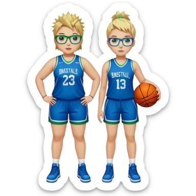 Full Body white plus size Girl with basketball spikey short brown and blonde hair  wearing blue glasses with green eyes wearing blue and green basketball uniform sticker