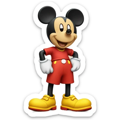 Mickey Mouse wearing red shorts and big yellow shoes, smiling happily. sticker