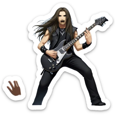 Icon for Heavy Metal: a metal band on stage, with electric guitars, drums, and a powerful vocalist. The atmosphere is intense with flashing lights, music notes, and a crowd of fans. The design should capture the energy and power of a live heavy metal performance. Transparent background. sticker