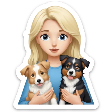 Blonde girl holding two australian shepherds (black and blue) sticker