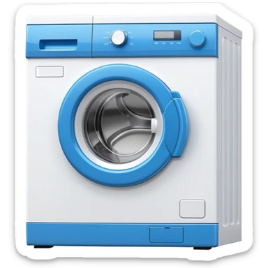 white washing machine with blue door and control panel sticker