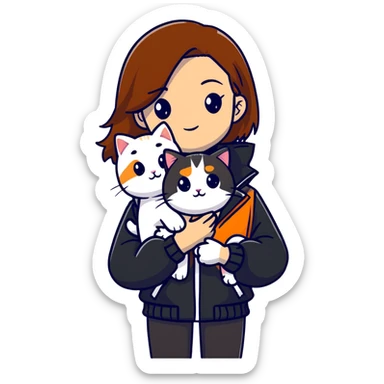 Light-skinned girl with brown straight hair wearing a black jacket, holding one pure white cat and one calico cat with orange black patches sticker