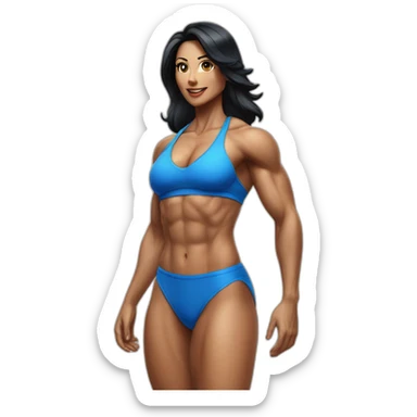 40 year old muscular woman with black hair in a blue bikini at a fitness competition  sticker
