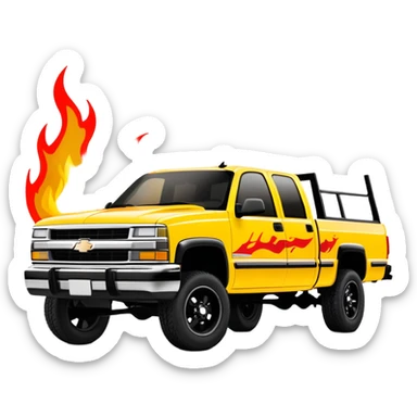 Yellow 1997 Chevrolet C-2500 Crew Cab Silverado with accurate red flame decal printed on the hood, exactly as seen in Kill Bill movie, 30-degree view showing detailed flame graphics, iOS emoji style sticker