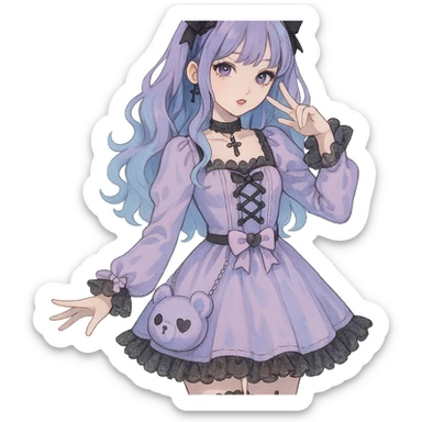 gothic K-pop girl, dreamy pastel goth style, soft colors with gothic details, whimsical pose, cute accessories sticker