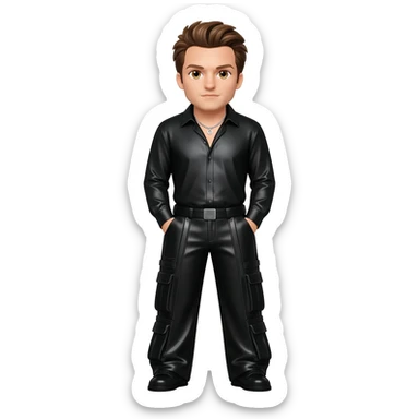 Shane Filan from Westlife with hazel eyes, brown hair, black metallic shirt, black metallic baggy pants, silver necklace sticker