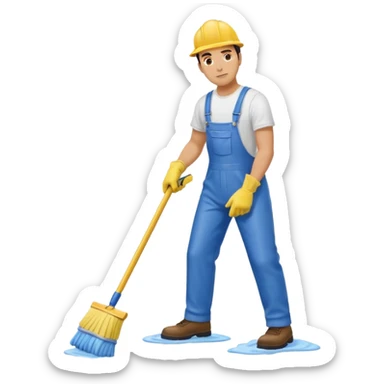 Custodian with yellow rubber gloves, white T-shirt, blue overalls, mopping floor sticker