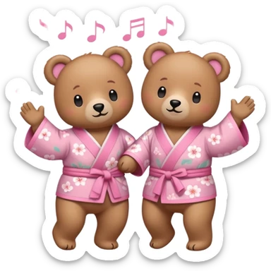 Two cute light-brown bears wearing pastel pink sakura-patterned kimonos, normal balanced body ratio.  
Holding hands and dancing happily together with music note icons and joyful movement lines.  
Kawaii emoji style, minimalistic clean sticker illustration, white background. sticker