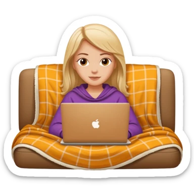 A white girl lies on a sofa under a blanket with a laptop sticker