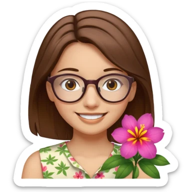 Hawaii female with fair skin. Shoulder length straight brown hair. Brown eyes with glasses. Hawaiian Flower in hair sticker