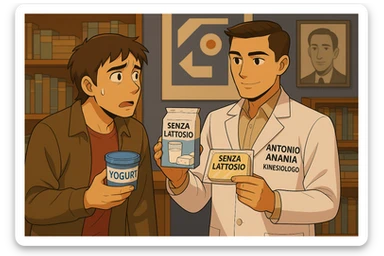 fai un webtoon manga a colori con questo stile, in cui un uomo ASCOLTA Il kinesiologo con il camice bianco (fagli anche la scritta "ANTONIO ANANIA" SUL CAMICE, IL KINESIOLOGO SPIEGA ALL'UOMO UNA MOSTRANDO VARI PRODOTTI DA SUPERMERCATO CONFEZIONATI (TIPO SCATOLA DI LATTE, MOZZARELLE CONFEZIONATE, FORMAGGIO CONFEZIONATO), OGNI CONFEZIONE HA LA SCRITTA "SENZA LATTOSIO SULL'ETICHETTA. L'UOMO OSSERVA IL KINESIOLOGO CON ESPRESSIONE CONFUSA IN VOLTO. non fare i fumetti però, fai solo in modo che sembri stiano parlando sticker