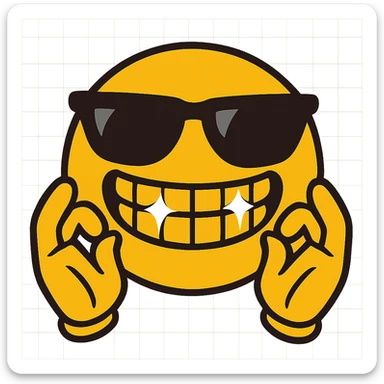 yellow emoji with sunglasses, hands up, fingers rubbing together, huge smile, sparkling grills sticker